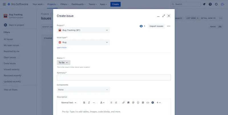 A bug report template from Jira