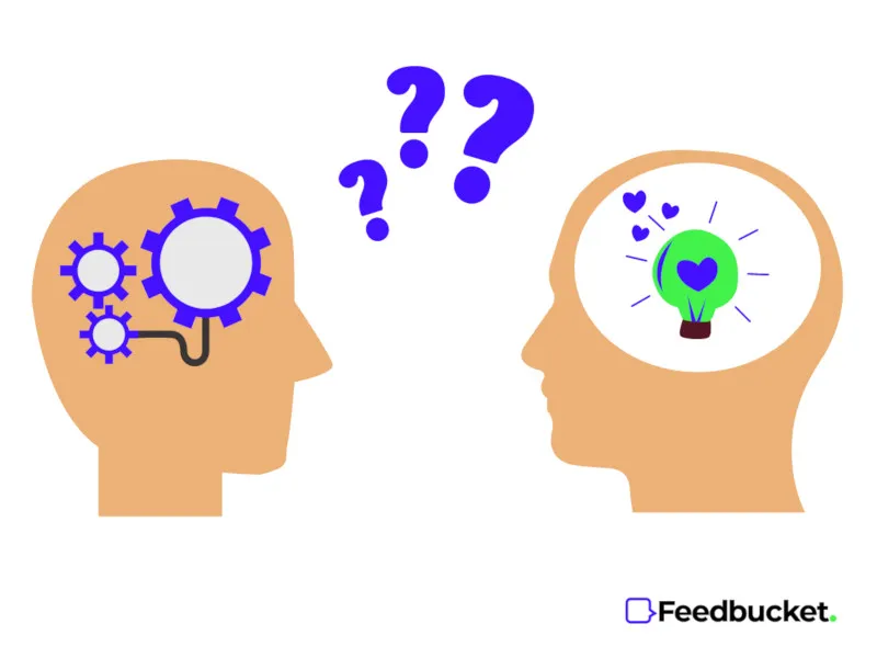 Graphic illustration of two heads, one with a light bulb and with a cog, with a questions mark in between,  showing how confusing it can be to communicate with a developer