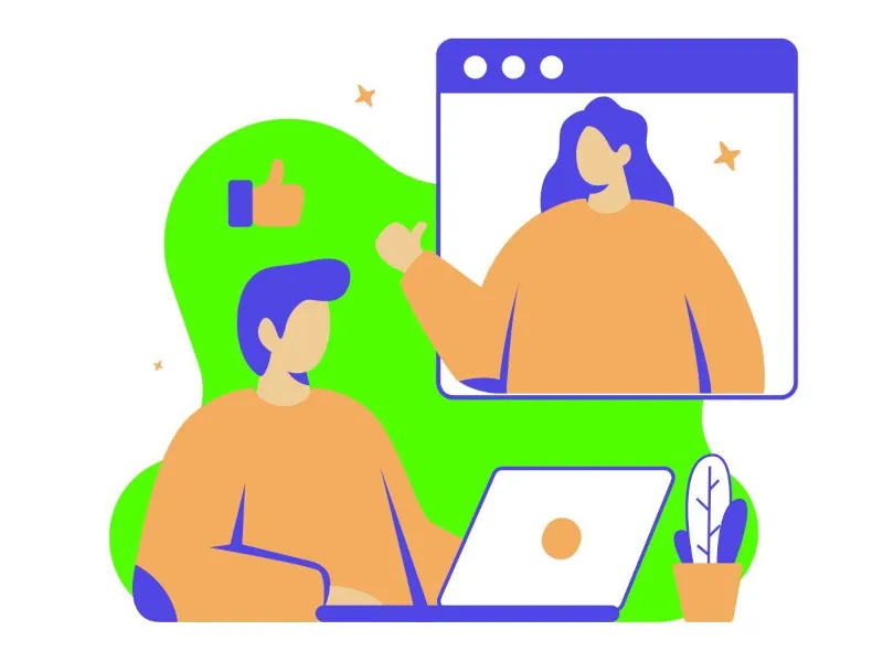 Graphic illustration a woman giving a thumbs up to a developer sitting in front of a computer