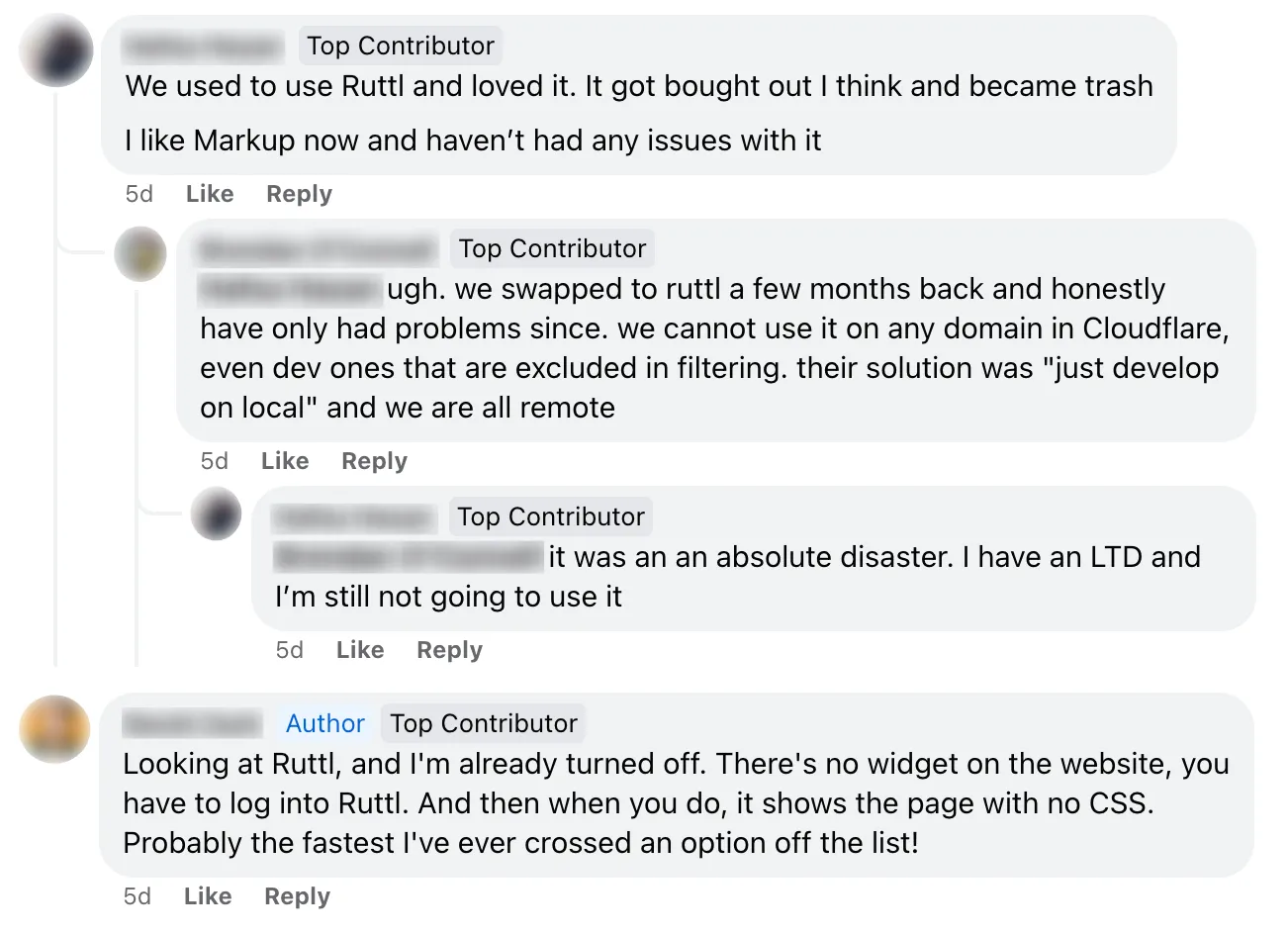 Facebook comment from 4 different people saying that Ruttl was very buggy and that they stopped using it as a website feedback tool.