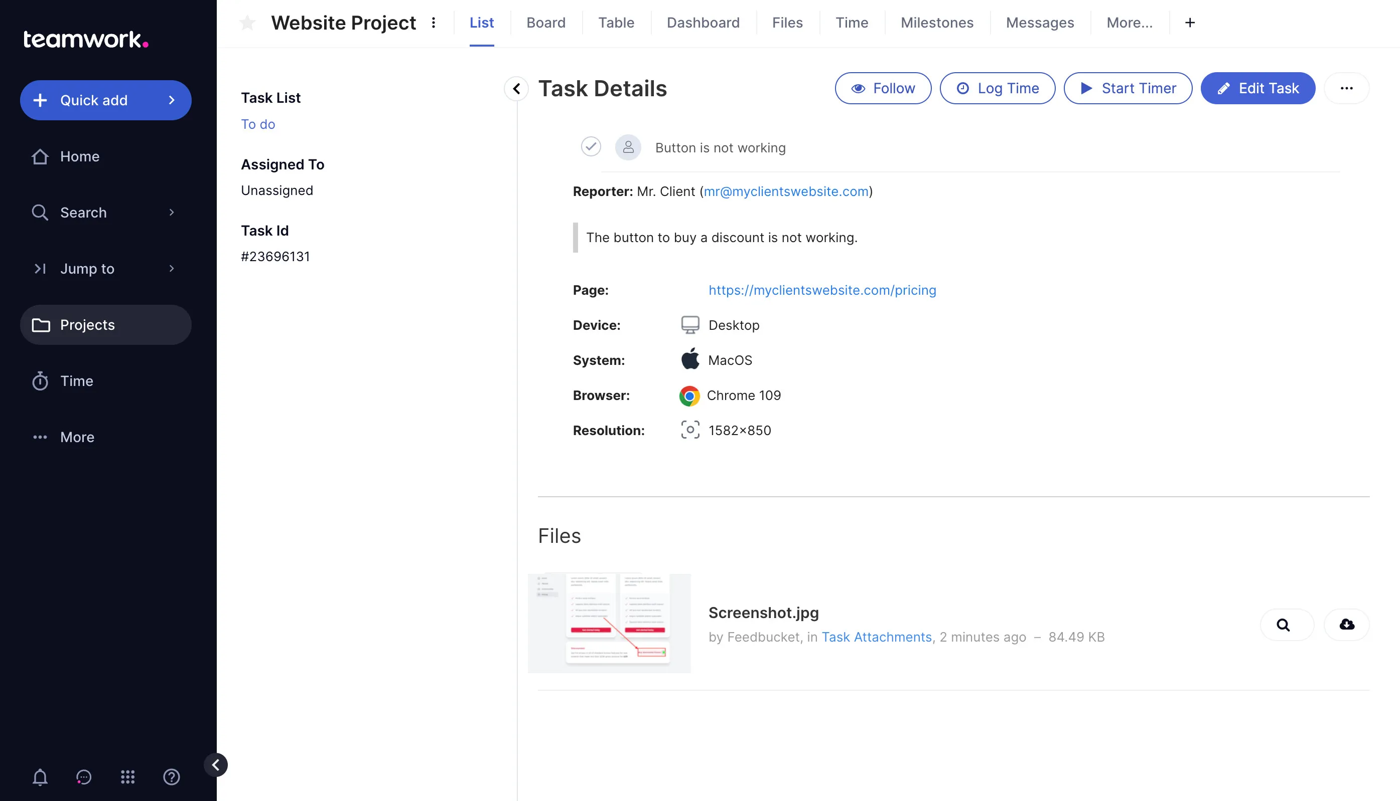 Feedbucket feedback created as a task in Teamwork