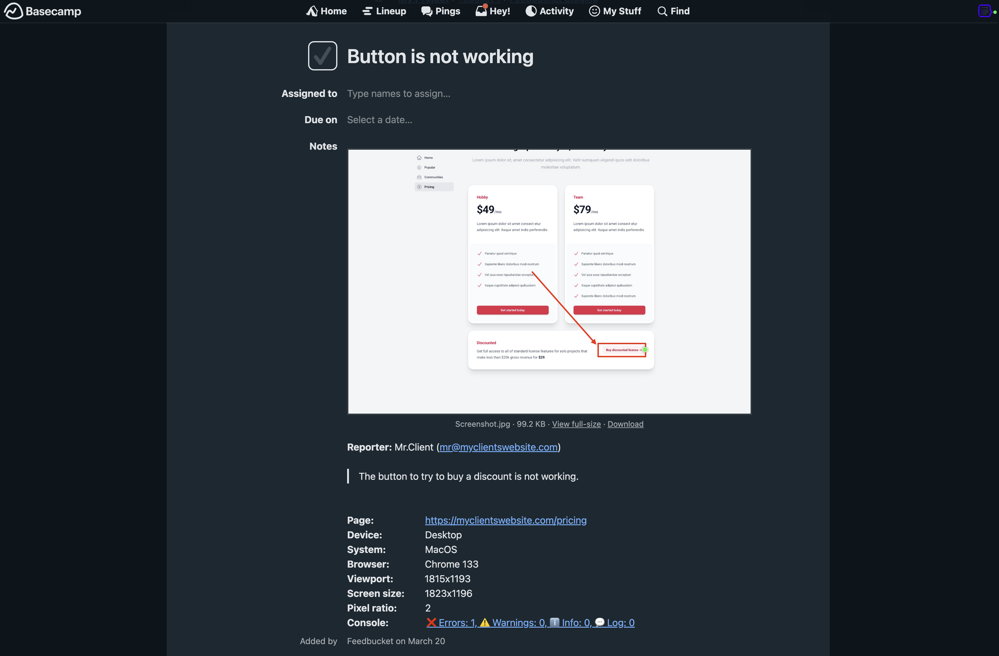 Basecamp to-do created from feedbucket with all technical meta data attached.