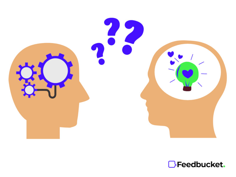 Graphic illustration of two heads, one with a light bulb and with a cog, with a questions mark in between,  showing how confusing it can be to communicate with a developer 