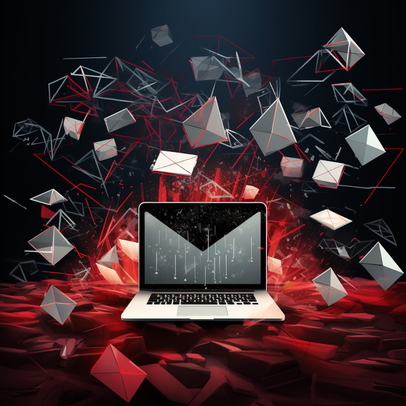 Illustration of a computer with flying envelopes around showing chaos