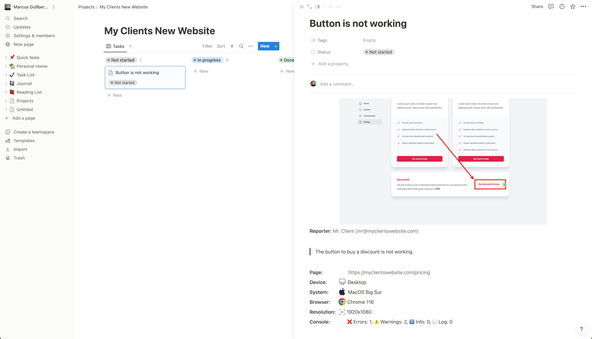 Notion task created from feedbucket with all technical meta data attached.