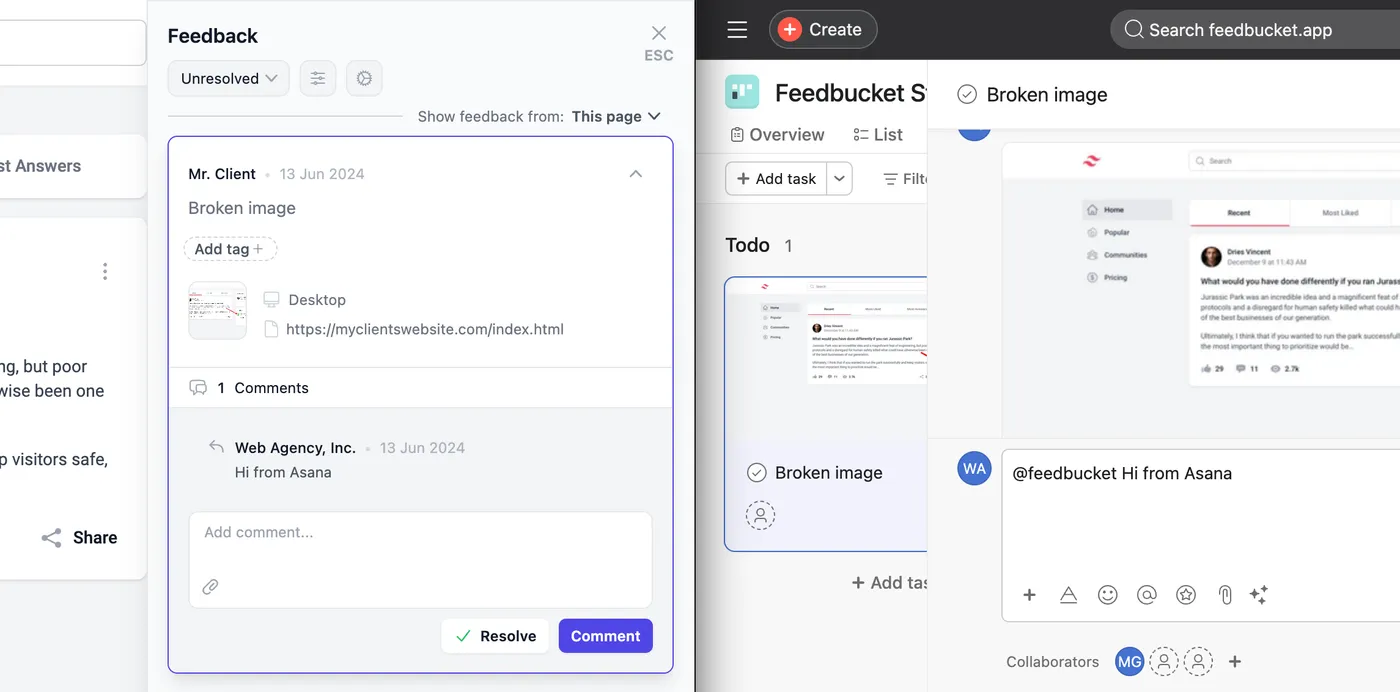 Your team can handle all feedback from within your existing tools. Comments, status, and even tags syncs back to Feedbucket.