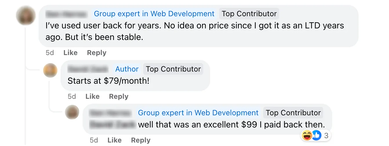 facebook conversation in The Admin Bar group that Userback is high price